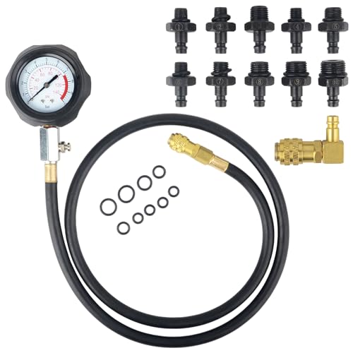 DAYUAN Engine Cylinder Oil Pressure Diagnostic Tester Tool Set | Tests Oil Pump Pressure & Low Oil Warning Systems, 0-140 PSI Gauge, 1200mm Hose, 90° Coupler, 10 Adapters, Storage Case