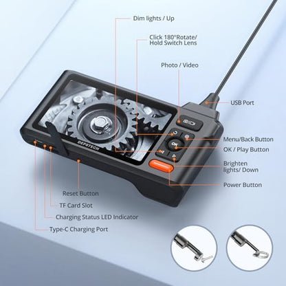 DEPSTECH 50FT Endoscope Camera with Light: Triple Lens 5" IPS Screen Sewer Inspection Camera, 1080P Industrial Borescope, Split Screen, Semi-Rigid Cable, Waterproof Drain Pipe Tool, Carrying Case - size: 50FT