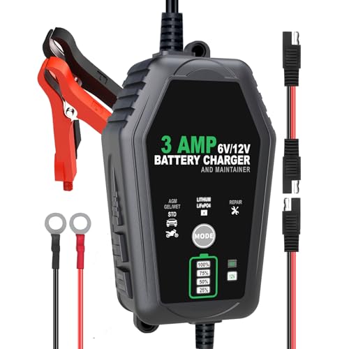 3 AMP Battery Charger, 6V/12V Car Motorcycle Smart Trickle Chargers | Fully Automatic Battery Chargers, Battery Maintainer for Car, Motorcycle, Boat, Lead-Acid, Lithium, LiFePo4 Batteries - color: One Pack