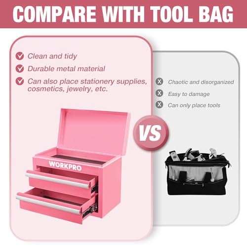 WORKPRO Metal Mini Tool Box with 2 Drawers and Top Storage | Cold Rolled Steel Toolbox, Ball Bearing Slides, PVC Drawer Liners, PP Feet Pads, Durable Storage - color: Pink