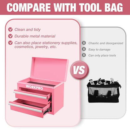 WORKPRO Metal Mini Tool Box with 2 Drawers and Top Storage | Cold Rolled Steel Toolbox, Ball Bearing Slides, PVC Drawer Liners, PP Feet Pads, Durable Storage - color: Pink