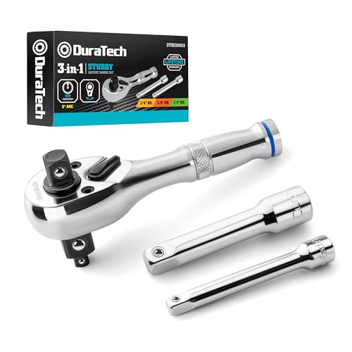 DURATECH 3-IN-1 Stubby Ratchet, 1/4", 3/8", 1/2", with 2 Extension Bars | 72-Tooth, Reversible Switch, Full-Polished Chrome Plating, Alloy Steel - style: Stubby Ratchet Set