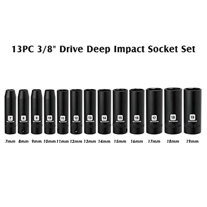 MIXPOWER 13 Pieces 3/8-Inch Drive Deep Impact Socket Set, 7mm to 19mm, CR-V, Metric, 6 Point, Deep, 13 Pieces 3/8" Dr. Socket - size: 9/32" - 3/4" (Deep)