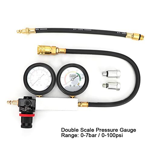 Cylinder Leakage Detector with Dual Pressure Gauges – Engine Compression Leakdown Tester Kit for Piston, Valve & Head Gasket Diagnosis, Includes Threaded Test Plugs for 14mm, 18mm, and Sizes