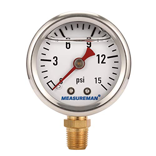 MEASUREMAN 1-1/2" Dial Size, Glycerin Filled Fuel Pressure Gauge, 304 Stainless Steel case, 0-15Psi, +/-3-2-3%, 1/8" NPT Lower Mount - size: 0-15 psi, style: Lower Mount