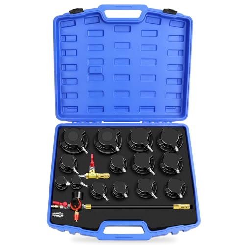 Turbo Boost System Leak Tester Kit 17PCS Turbocharger Leakage Detector Set | Turbine Pressure Testing Tool (6 Bar), 7 Pairs Stepped Adapters (1-1/4" to 4" Inlet & Outlet Plugs), Smoke Machine Connector