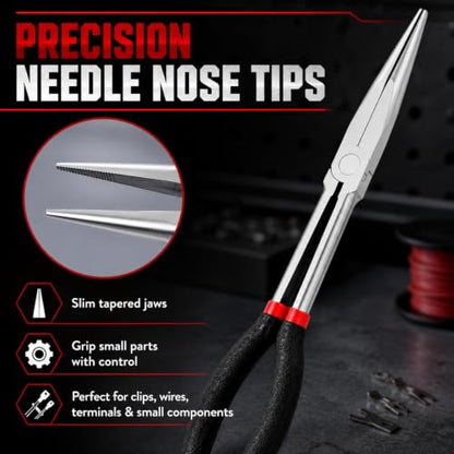 11-Inch Extra Long Needle Nose Pliers, Premium Heavy Duty Long Reach Needlenose Pliers, Non-Slip Grips, Ideal for Professionals Electrical and Hobbyists Alike