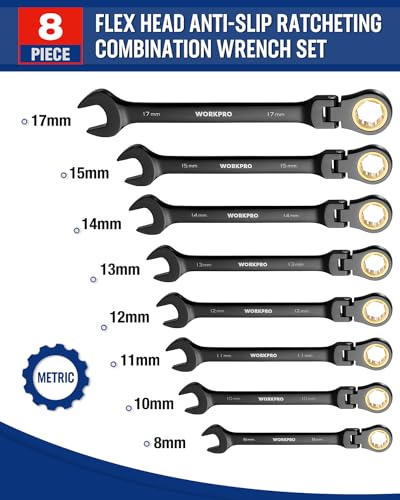 WORKPRO Ratcheting Combination Wrench Set, 8-piece Flex-Head Anti-Slip Set Metric 8-17 mm, 72-Teeth, Cr-V Constructed, Black Electrophoretic Coating with Rolling Pouch - size: Metric, style: Anti-Slip Tooth