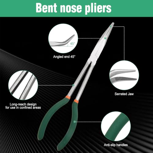 SPEEDWOX Long Reach Bent Nose Pliers 11 Inches 45 Degree Intermeshed Teeth Precision Fine Pliers for Hard to Reach Narrow Spaces High Leverage Reduce Efforts Non-slip Handle - style: 45°Bent Nose Pliers