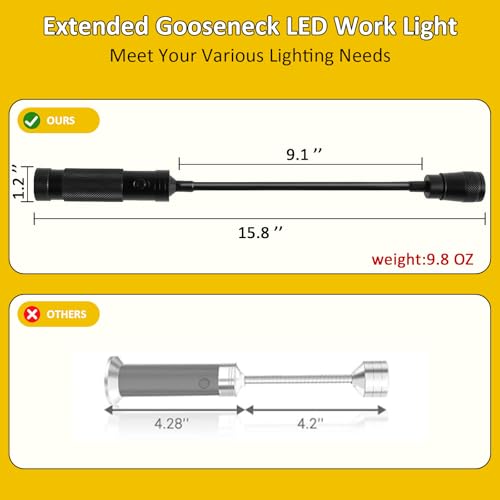 LED Work Light, Gooseneck Flashlight with Magnetic Base, Zoomable Flexible Led, 500 Lumen Mechanics Light Suitable for Auto Repair, Outdoor BBQ, Work Bench, Emergency, Pack of 2