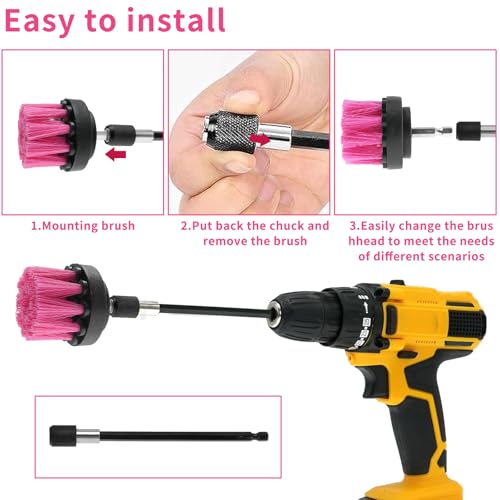 8 Pcs Drill Brush Attachment Set, Power Cleaning Scrub Brush Kit with Extend Long Attachment, All Purpose Drill Scrub Brushes for Car, Grout, Floor, Tub, Bathroom and Kitchen (Pink) - color: Pink