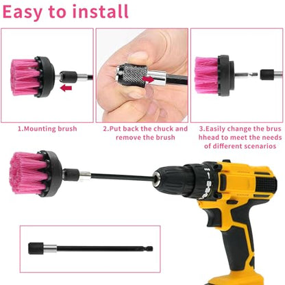 8 Pcs Drill Brush Attachment Set, Power Cleaning Scrub Brush Kit with Extend Long Attachment, All Purpose Drill Scrub Brushes for Car, Grout, Floor, Tub, Bathroom and Kitchen (Pink) - color: Pink