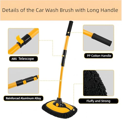 15° Curved Car Wash Brush, Car Wash Mop with Long Handle | Microfiber Replacement Head Scratch-Free, Car Cleaning Brush with Extendable Pole, Ideal for Cleaning Car SUV RV