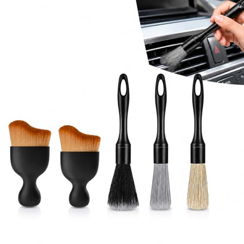Car Detailing Brush Kit, 5PCS Auto Cleaning Brushes Set with Soft Boar Hair and Vent Brushes, Interior and Exterior Detailing Tools for Dashboard Wheels Air Vents, Universal Car Cleaning Kit