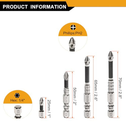 HARFINGTON 4pcs Impact Phillips Screwdriver Bit Set PH2 (#2) Anti Slip Tip 1/4" Hex Shank 1"/2"/2.6"/2.8" (25mm/50mm/65mm/70mm) Long Magnetic Cross Screw Driver Drill Bits - size: PH2 x 1"/2"/2.6"/2.8"