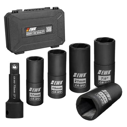 EWK 1/2-inch Drive Lug Nut Remover, 6 Pcs Impact Flip Socket Set (17, 19, 21 mm, 13/16", 7/8"), 6-Point & Twist Socket, Stripped/Rounded Bolt Extractor Removal Tool with 3" Extension Bar - style: Hex/ Twist Dual-end Socket Set