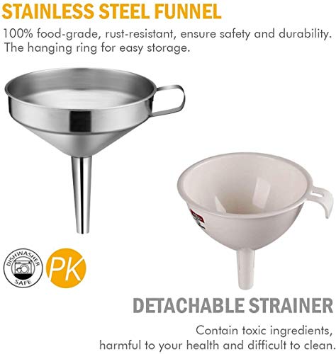 Kitchen Funnel, 3 Piece Stainless Steel Funnels Set with Handle Design and Removable Strainer, Great for Transferring of Liquid, Fluid, Dry Ingredients & Powder, Funnels for Filling Bottles - size: 3 Pack (5.7" + 5.0" + 4.1")