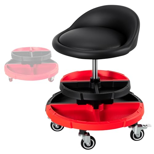 Frassie Rolling Mechanic Garage Seat Stool with Modular Removable Tool Tray, Pneumatic Height Adjustable Rolling Shop Chair for Auto Repair 300 LBS Capacity