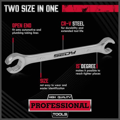4-Piece Flare Nut Wrench Set - SAE Brake Line Wrench 1/4, 5/16, 3/8, 7/16, 1/2, 9/16, 5/8, 11/16-inch, Professional Offset Heads, Portable Organizer Pouch Included - style: 4-Pc SAE (Flare Nut)