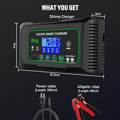 20 Amp Smart Battery Charger, 12V/20A and 24V/10A Car Battery Charger, Trickle & Maintainer Pulse Repair for Lithium, Lifepo4, Lead-Acid (AGM/Gel/SLA), Boat, Motorcycle, Golf Cart, Tractors - color: 20A-green