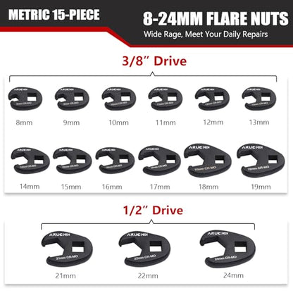 3/8" and 1/2" Drive Crowfoot Flare Nut Wrench Set, 15-Piece 8-24mm Metric Crows foot Wrench Set Chromium Molybdenum Steel with Organizer Box