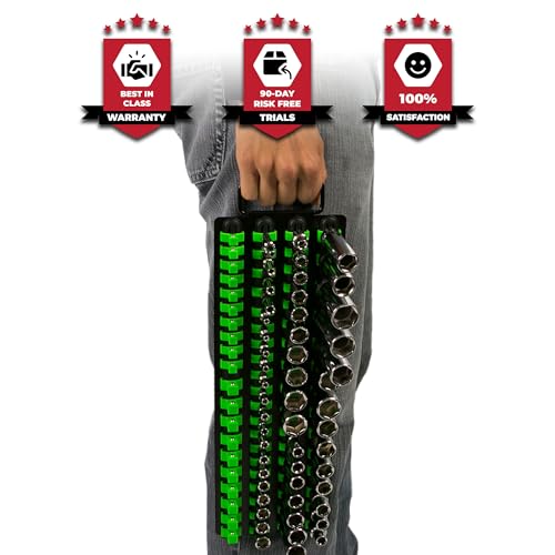 Olsa Tools Portable Socket Organizer Tray - Black Rails with Green Clips - Holds 80 Sockets - Professional Quality Socket Holder - Part 1024 - color: Black Tray/Green Clips