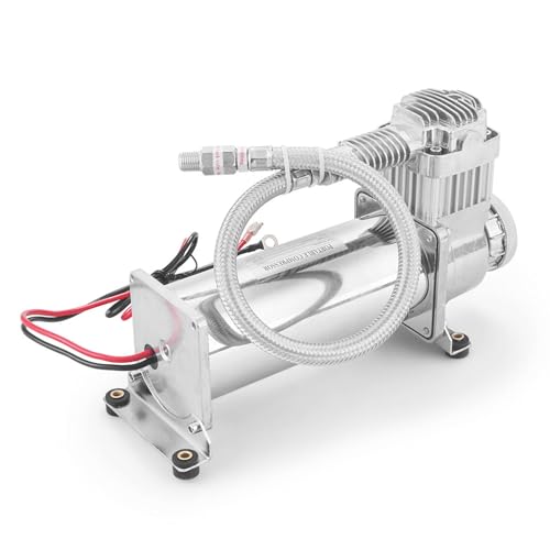 200PSI Air Ride Suspension Compressor with 1/4 NPT Hose Kit,Heavy Duty 12V 480C Air Compressor Pump for Train Horn & Air Bag Suspension, Chrome Silver Fit for Truck & Car