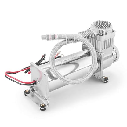 200PSI Air Ride Suspension Compressor with 1/4 NPT Hose Kit,Heavy Duty 12V 480C Air Compressor Pump for Train Horn & Air Bag Suspension, Chrome Silver Fit for Truck & Car