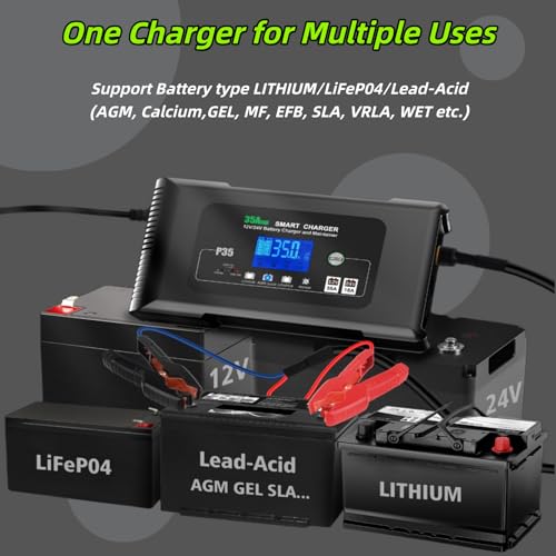 P35 12V/24V 35A Smart Car Battery Charger & Maintainer, 9 Stage Charging for Lithium,AGM,Lead-Acid,LiFePO4, with Battery Repair Function, LCD Display for Various Vehicles