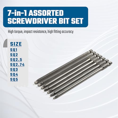 VESTTIO Square Drive Bit Set, SQ1-SQ5, 7-Piece, 6-Inch, Magnetic S2 | SQ1-SQ5, Industrial S2 alloy steel, 1/4 inch hex shank, magnetic tips, design for power screwdriver drill impact driver - size: 7 SQ / 6 inch