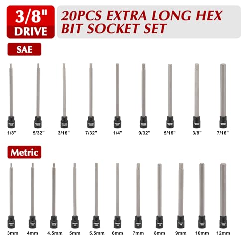EMENTOL 20PCS 3/8-Inch Drive Hex Bit Long Socket Set, Allen Socket Set, CR-V, S2 Alloy Steel Bit, SAE/Metric, 3mm - 12mm, 1/8"-7/16" - size: Regular Hex Bit 3mm - 12mm & 1/8"-7/16"