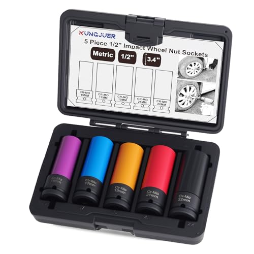 5PCS 1/2" Drive Impact Nut Socket Set, Metric 15 17 19 21 22mm | Impact Nut Socket Set, Thin Wall Deep Socket Sets with Colored Protective Sleeves, 6 Point, Non-Marring - size: 5PCS-Metric(15 17 19 21 22mm)