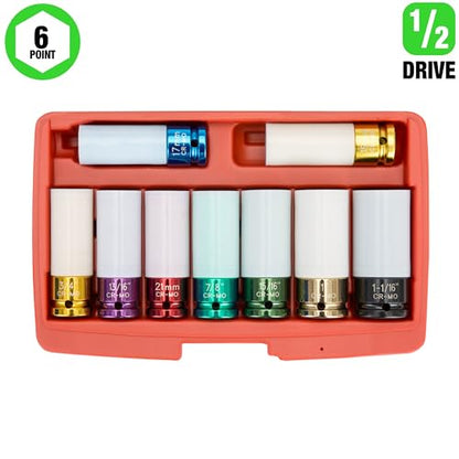 OEMTOOLS 24224 9 Piece 1/2" Drive Wheel Protector Impact Socket Set, Extra Thin Wall Socket Set, Keeps Lug Nuts and Wheels Protected, SAE & Metric Sockets - size: 9 Piece Set