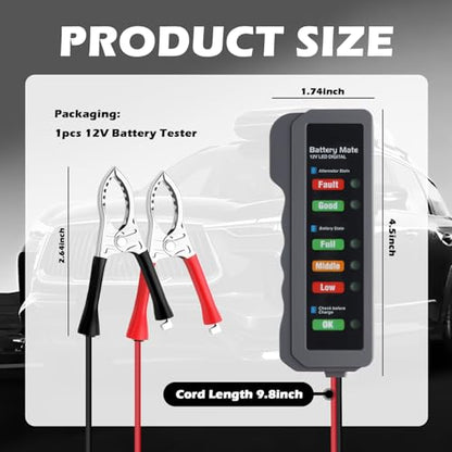 12V Battery and Alternator Tester Automotive,Easy to Use Car Battery Tester with LED Indication,Analyzer to Check Car Batteries Load Testers for SUVs,Trucks,Motorcycles
