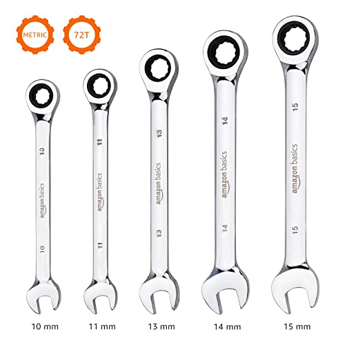 Amazon Basics Metric Ratcheting Wrench Set, 5-Piece, Chrome Vanadium Steel, 72-Tooth, 10mm, 11mm, 13mm, 14mm, 15mm, Black/Silver - color: Black/Silver, size: 5 Piece
