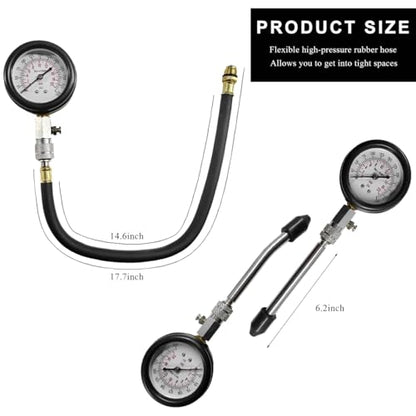 Compression Tester Kit, Petrol Gas Engine Cylinder Pressure Gauge with Adapters, Professional Small Engine Compression Tester Range of 0-300 PSI for Car Motorcycle