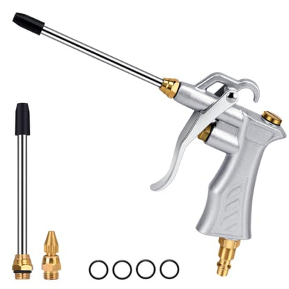 Air Blow Gun w/Copper Adjustable Air Flow Nozzle & 2 Steel Extension | Powerful Air Flow, All-Metal Build, Adjustable Air Flow Nozzle, Metal Hanging Hook, 2 Airflow Extension Tubes for Tight Areas - color: Silvery