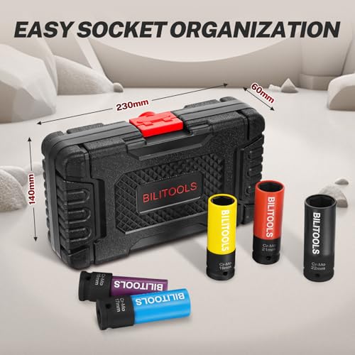 BILITOOLS 5pcs 1/2’’ Drive Impact Lug Nut Socket Set, 15/17/19/21/22mm | Non-Marring Socket Set, CR-MO Steel, 6-Point Flank Drive, Color-Coded Sleeves, Scratch-Proof, fits Impact Wrenches - size: 15 17 19 21 22 mm