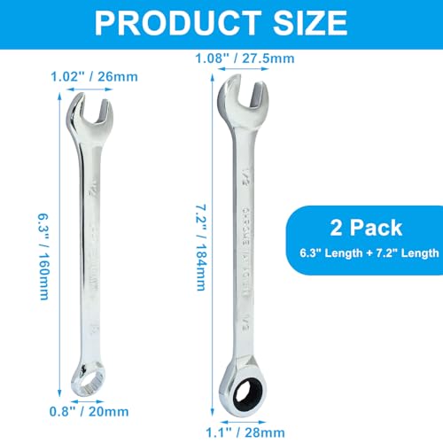 1/2 Inch Ratcheting Wrench 2 Pcs 72-Tooth 12-Point Chrome Plated | Forged 45# Carbon Steel Durable, 5-Degree Arc For Tight Spaces, 12-Point Protects Fasteners, Polished Chrome Anti-Rust - size: 0.50 Inch