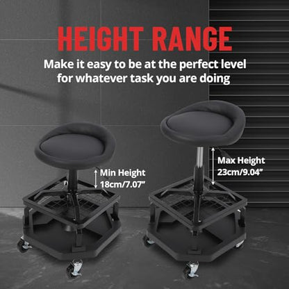 TrailBlaze Heavy Duty Rolling Mechanic Stool with Wheels - Adjustable Height - 360° Swivel Soft Padded Seat - Tool Tray - 4 All-Purpose Casters - 330 lbs Capacity - Round Frame Feet - size: without Cup Holder