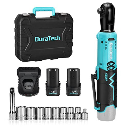 DURATECH Cordless Electric Ratchet Wrench Set, 48 Ft-lbs 3/8" 12V Power Ratchet Wrench with 2PCS 2.0Ah Li-Ion Battery, 1 Hour Fast Charger, 8PCS Sockets, Extension Bar, Adaptor, Variable Speed Trigger - style: Normal Head