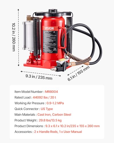 VEVOR Air Hydraulic Bottle Jack, 20 Ton (44092 lbs) Capacity, 10.2-19.5 Inch Lifting Range, Pneumatic/Manual Heavy Duty Welded Bottle Jack with Pump for Car, SUV, Pickup, Truck, RV, Auto Repair - color: red