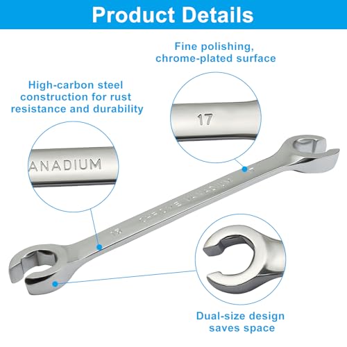 Flare Nut Wrench, 8 10 12 13 14 15 17mm Chrome Vanadium Steel Tool for DIY Automotive Repairs, Fuel Lines, Brake Systems and Household Maintenance