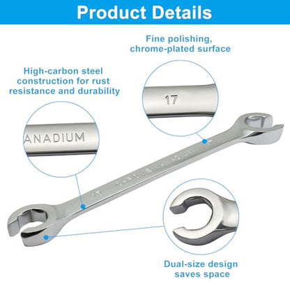 Flare Nut Wrench, 8 10 12 13 14 15 17mm Chrome Vanadium Steel Tool for DIY Automotive Repairs, Fuel Lines, Brake Systems and Household Maintenance