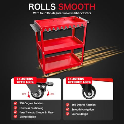 YATOINTO 3-Tier Rolling Tool Cart, Metal Rolling Cart with Side Hooks Wheels, 330LBS Heavy Duty Utility Carts, Handle Rolling Mechanic Tool Cart Storage Organizer for Warehouse Garage