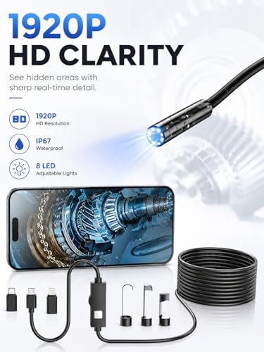 Endoscope Camera with Light,1920P HD Borescope with 8 Adjustable LED Lights, IP67 Waterproof 16.5FT Semi-Rigid Snake Camera, Snake Cord Inspection Camera for iPhone, iPad and Android Phone-5M