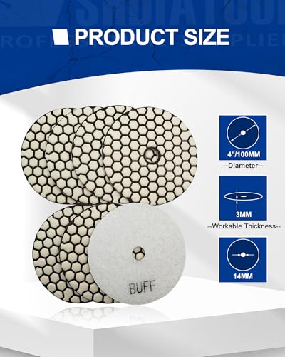 SHDIATOOL 7PCS 4-Inch Dry Diamond Polishing Pads White Buff for Granite | Marble, Quartz & Stone | Diamond Grinding & Sanding Pads | Fits Polishers | Flexible Resin Bond - style: White buff