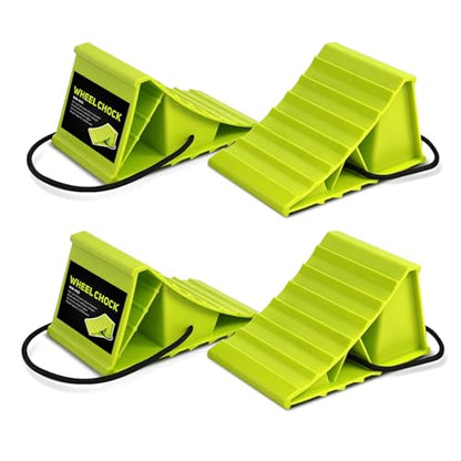 HOXWELL 2 Pair Wheel Chocks for Travel Trailers, Non Slip Heavy Duty Green Wheel Chock with Rope, Lightweight Wheel Stoppers for Cars Campers Trucks RVs, Easy to Carry & Suitable for Most Tyre Sizes - size: Green-2 Pairs