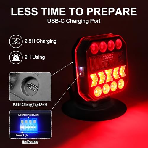Agrieyes USB-C Wireless Trailer Lights, Adjustable Magnetic Tow Light with Retroreflectors, Rechargeable Towing Light Kit Reverse for Trucks, Boat, RV, Vehicle, Caravan - color: white amber