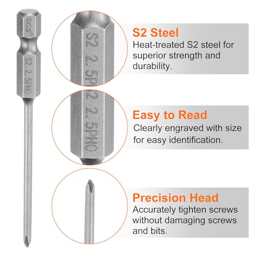 HARFINGTON 5pcs #0 Phillips Screwdriver Bit PH0 1/4" Hex Shank 3" (75mm) Long Magnetic S2 Steel Industrial Grade Screw Driver Bit Cross Head Electric Drill Bits 0.098" (2.5mm) Rod - size: PH0 x 75mm x 2.5mm